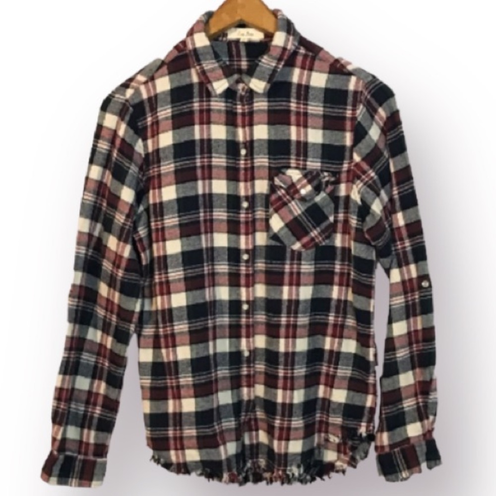 Love Notes Button Down Plaid Flannel with raw edging and option for 3/4 sleeve.